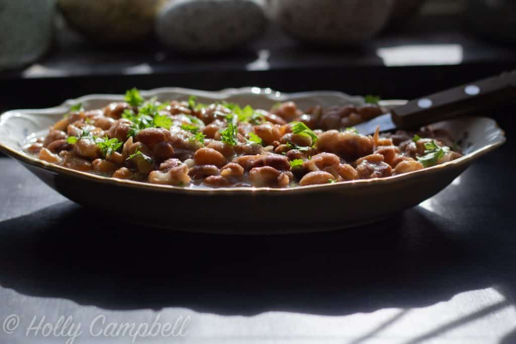 side view of a side dish of brown beans